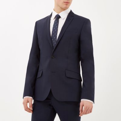Navy wool-blend slim suit jacket